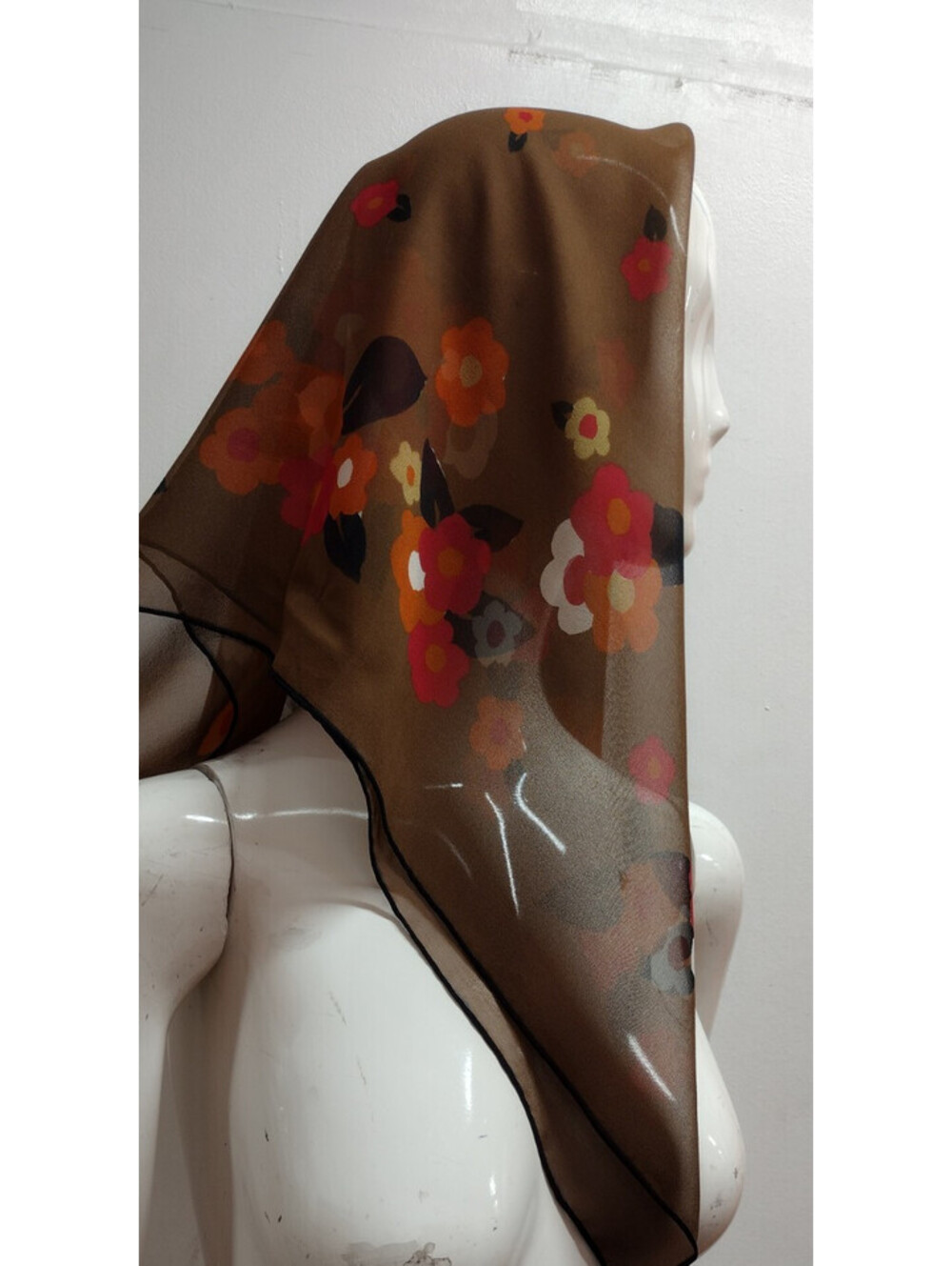 Vintage PAS Fine Silk Chiffon Scarf Mod 1960s Bohemian Fall Daisies Black Browns